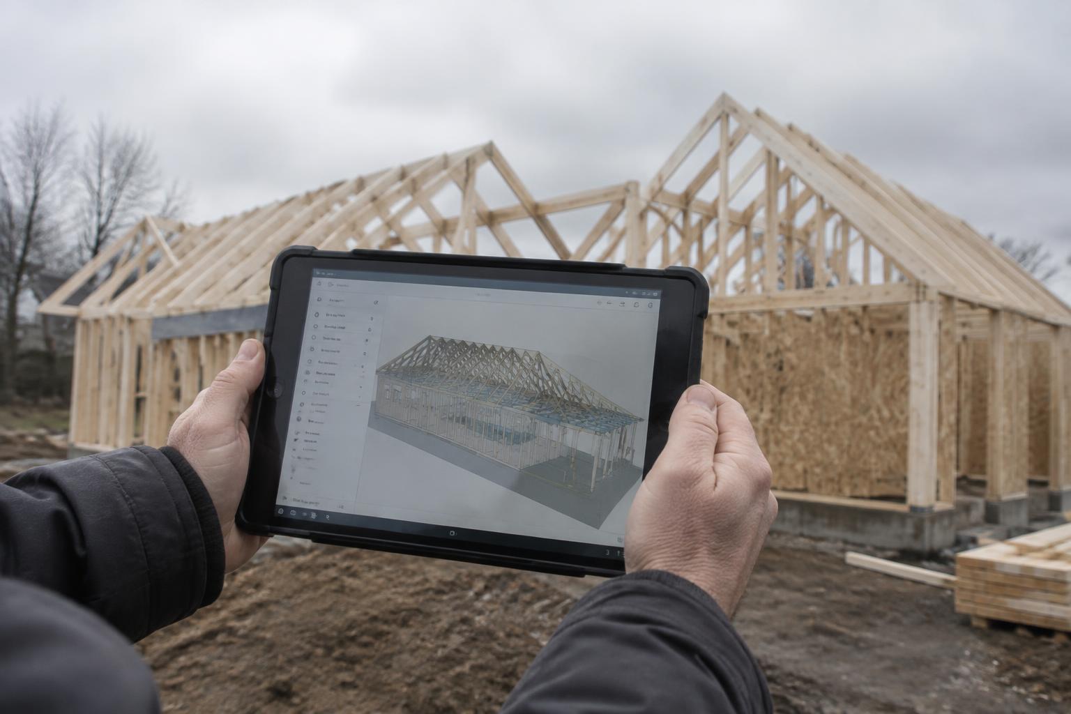 Tablet z dokumentacją budowy na tle konstrukcji dachu