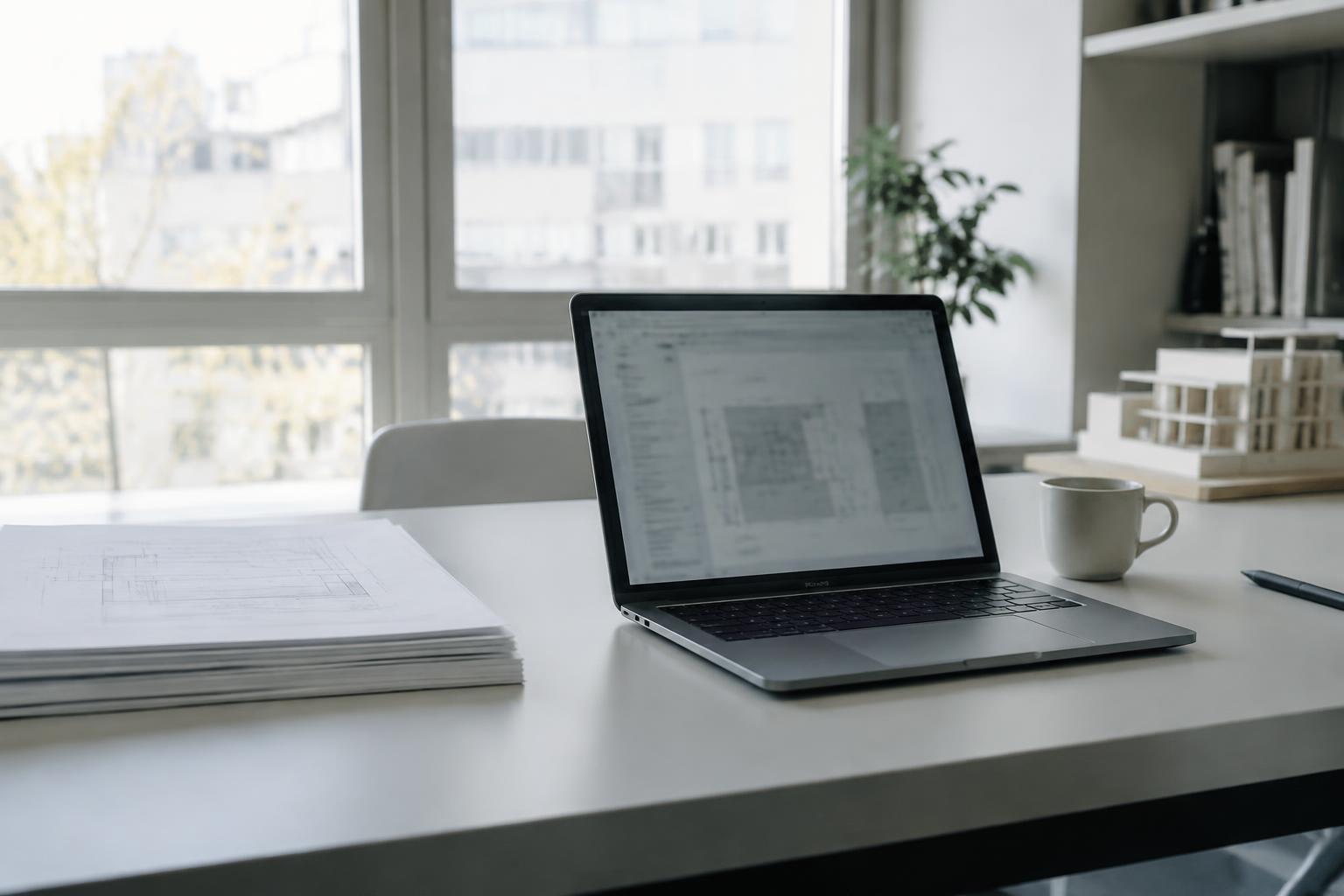 Laptop i wydruki projektowe na biurku w pracowni architektonicznej