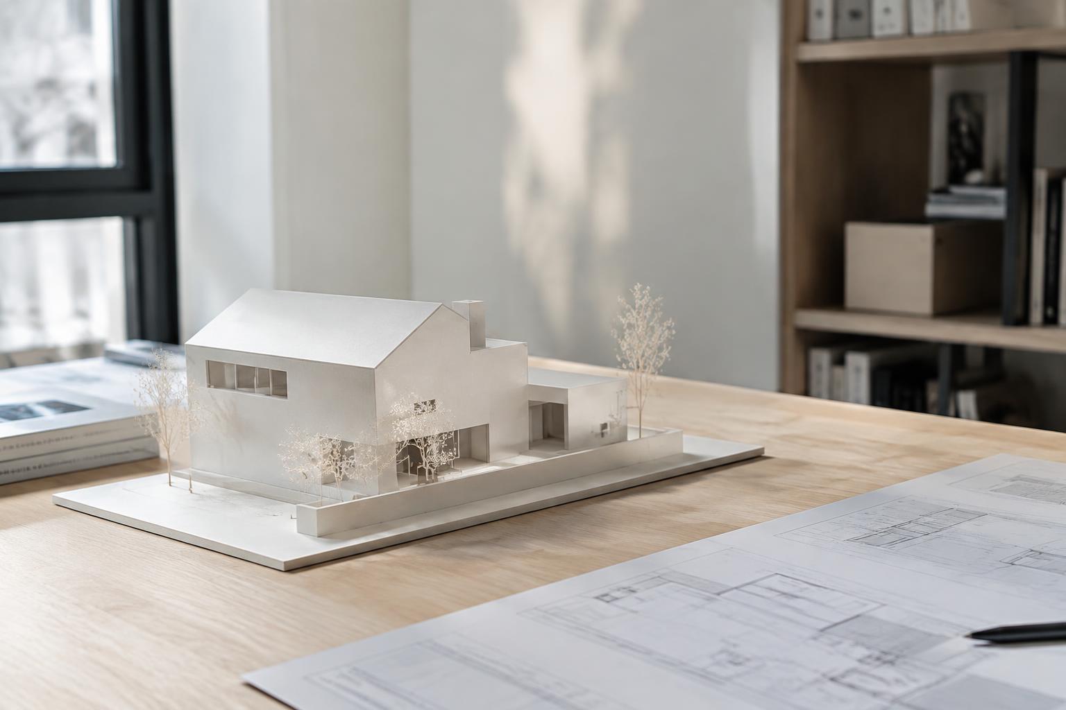 Biały model architektoniczny domu na biurku projektanta